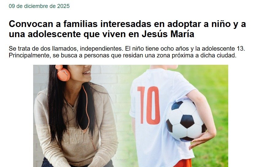 Convocan a familias interesadas en adoptar a niño y a una adolescente que son de Jesús María