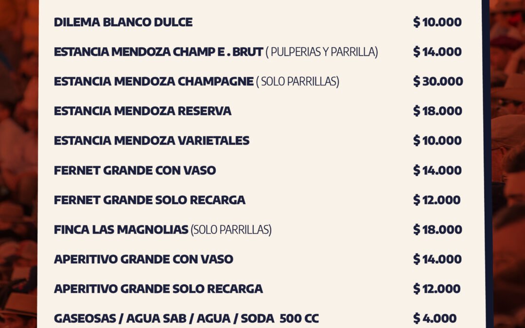 Precios de Bebida y gastronomía interna para la edición 60 del Festival de Doma y Folklore