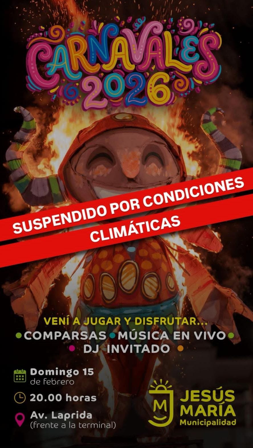 Jesús María: carnavales suspendidos por mal tiempo