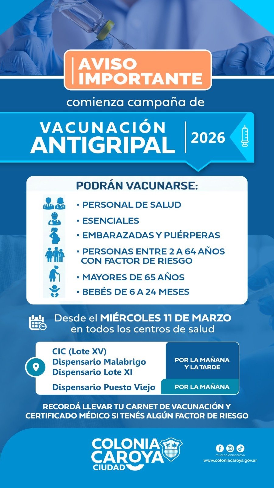 Comenzó la vacunación antigripal en Colonia Caroya